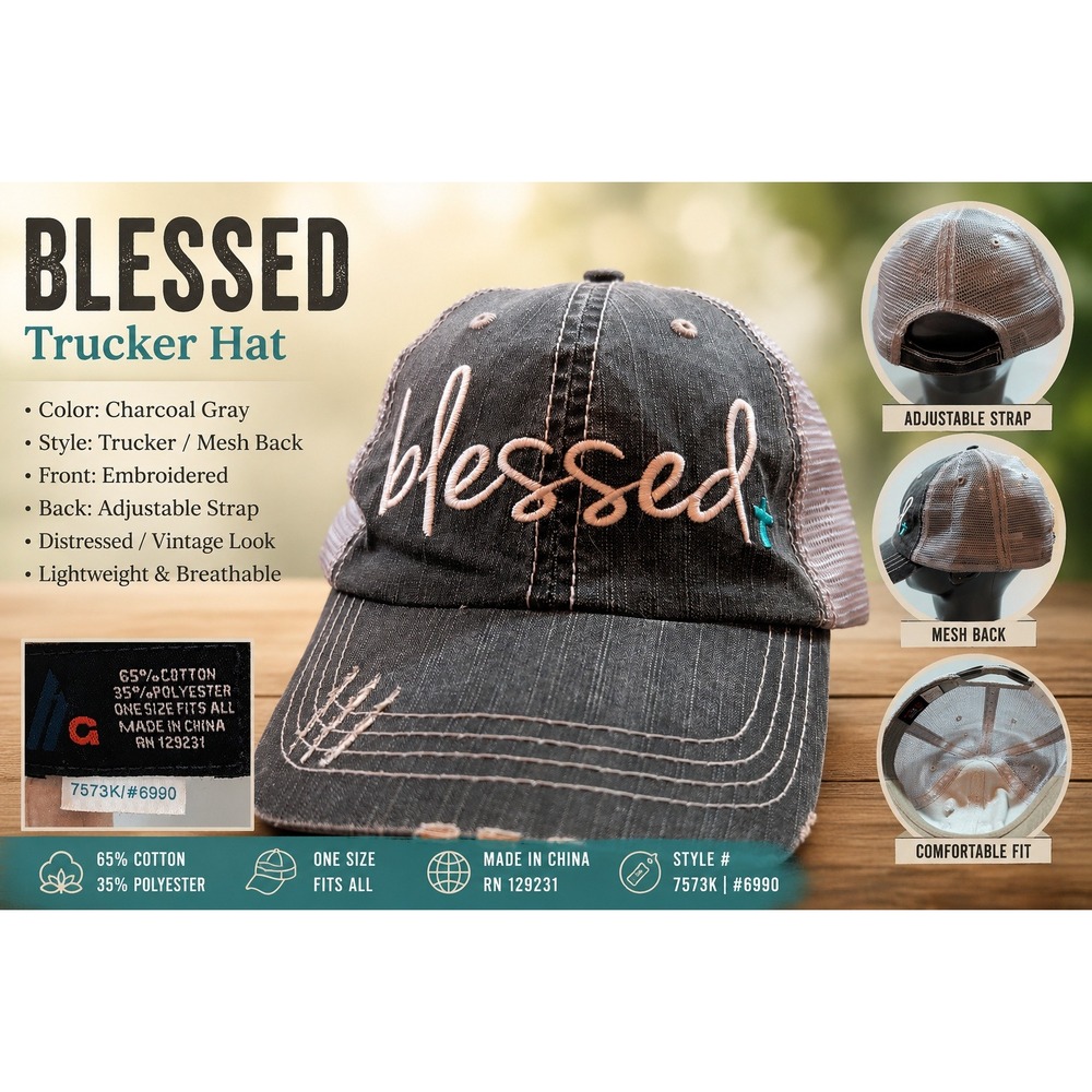 Blessed Distressed Trucker Hat Gray Tan Mesh Back Adjustable Faith Cap 6990